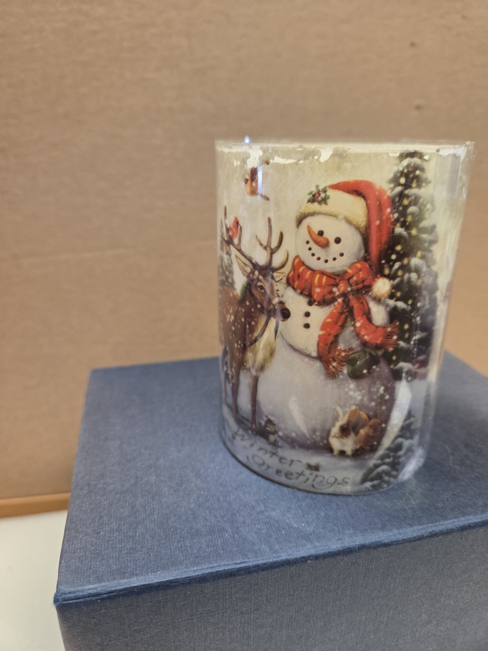 Holiday Snowman Decorative Flameless led Pillar Candle- Red Accents